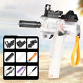 Electric rechargeable water gun toy with transparent casing showing internal mechanism and water