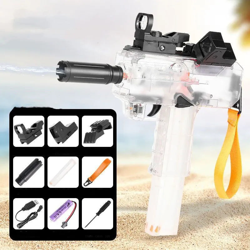 Electric rechargeable water gun toy with transparent casing showing internal mechanism and water