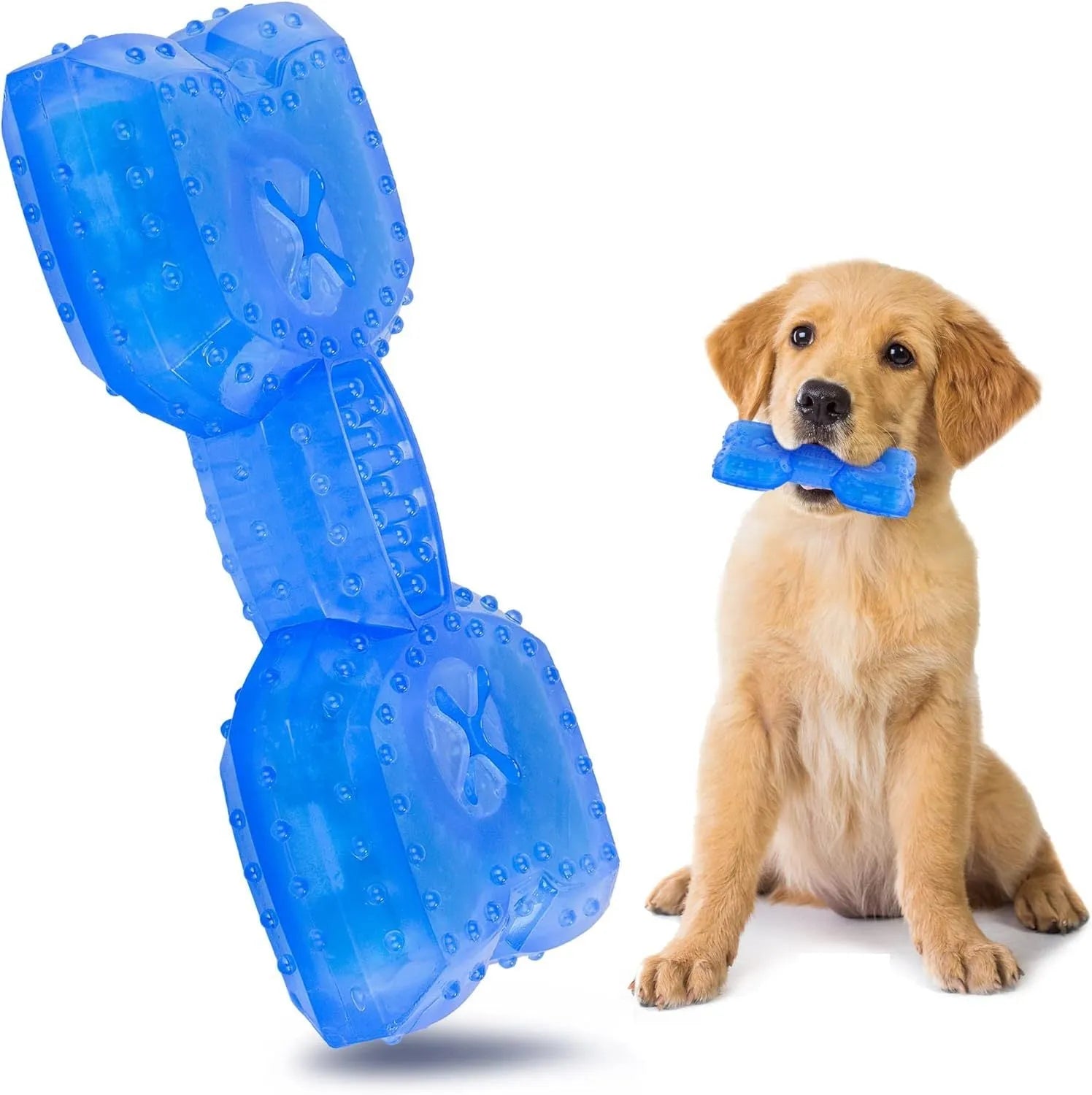 Freezable bone-shaped dog chew toy with a water-filled core for cooling and teething relief.