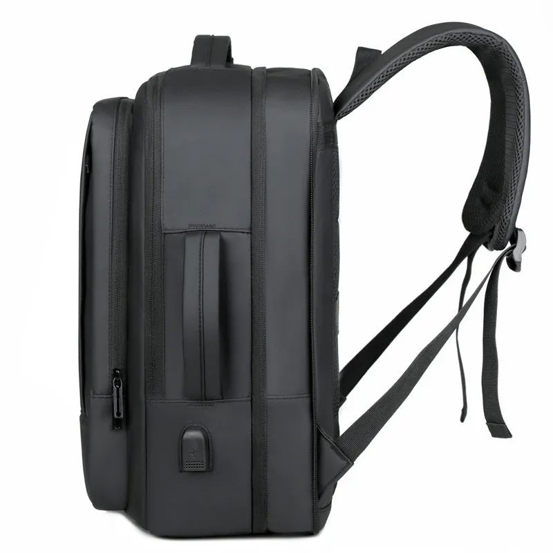 Black waterproof Oxford cloth backpack with Derm leather detailing and curved shoulder straps