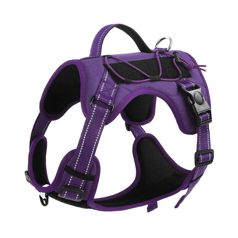 Orange reflective dog harness vest with explosion-proof hand-holding rope on a model dog