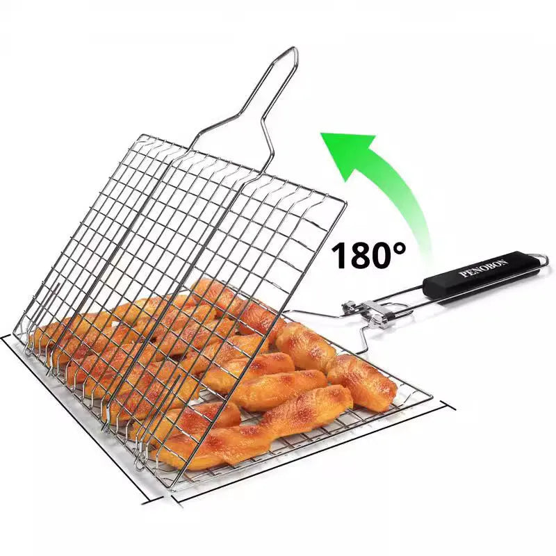 Square stainless steel wire barbecue mesh basket in a folded position with a cleaning brush.
