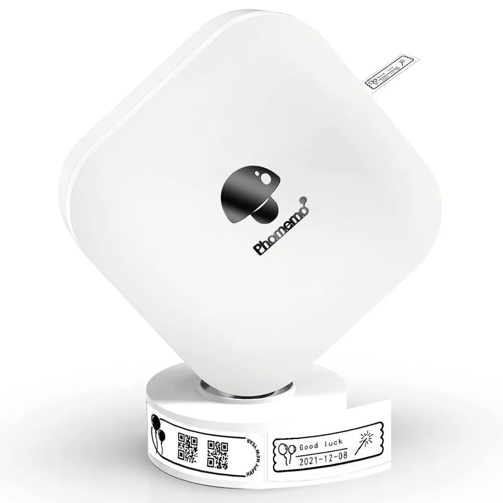 Q30 thermal mini label printer in green, compact size 82x82x32mm, with self-adhesive paper roll on white background