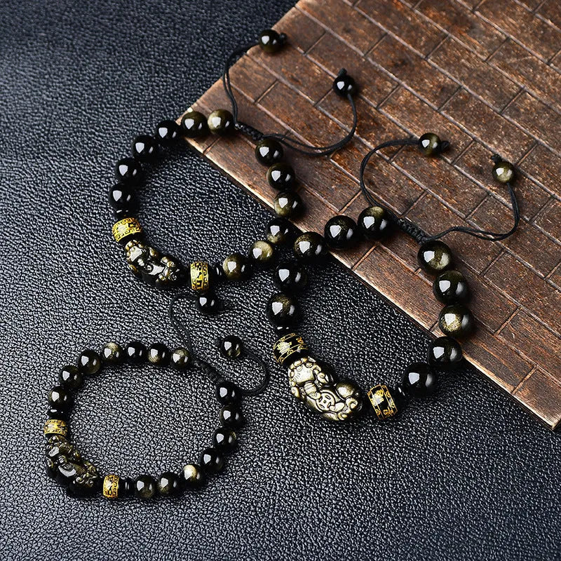 Hand-woven golden obsidian Pi Xiu bracelet with animal zodiac modelling in Chinese style