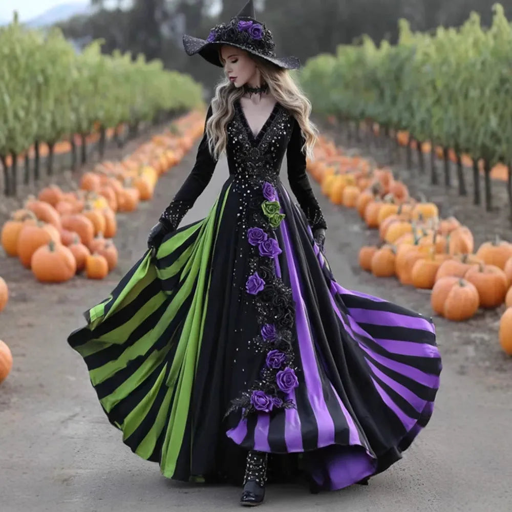 V-neck long sleeve swing dress in green and purple with asymmetric hem, women's pullover style