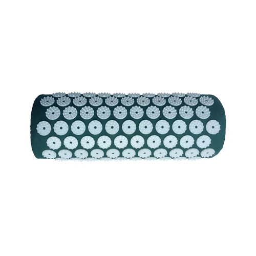 Black and blue acupuncture massage mat with cushion and headrest on floor