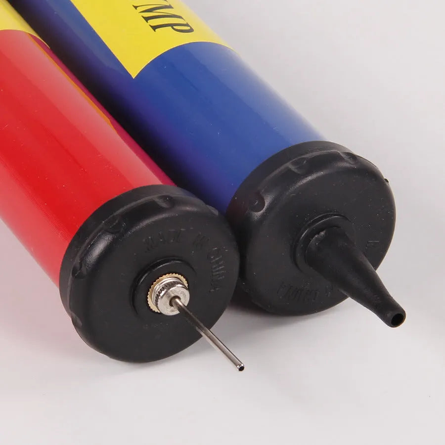 Manual plastic hand pump for sports balls and balloons, shown with adjustable length.