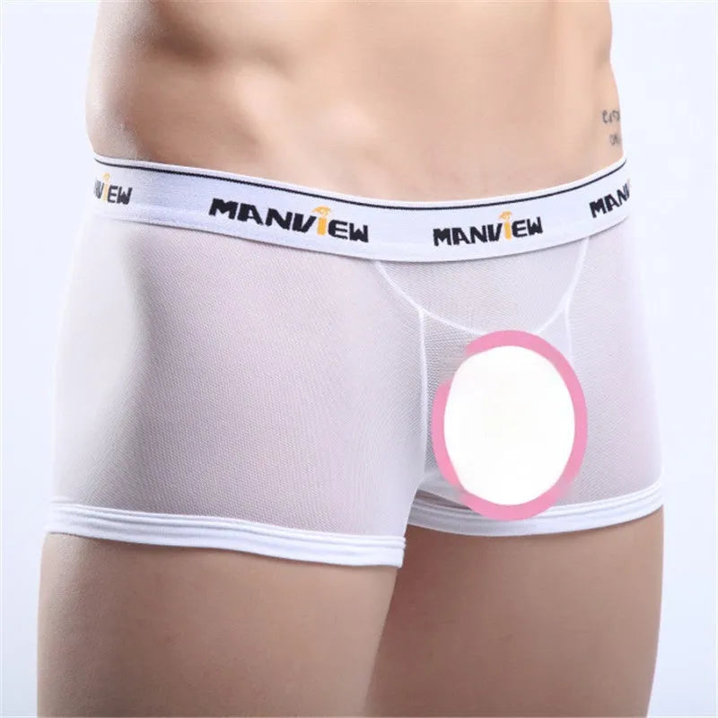 Men's solid colour mesh boxer briefs laid flat, showing available colours: white, yellow, red, black, blue.
