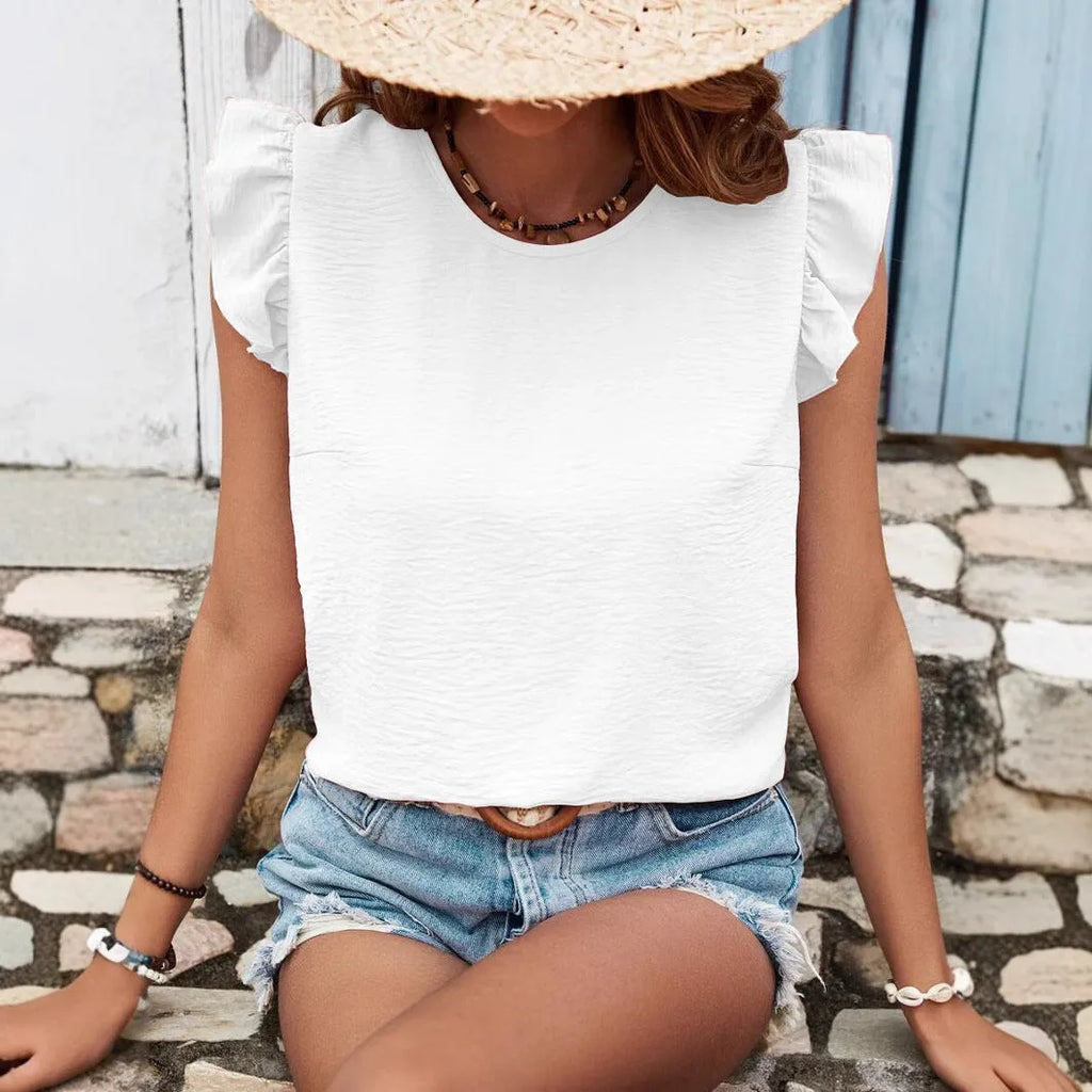 Women's solid colour round neck pullover blouse with ruffled sleeves in apricot colour, loose fit style