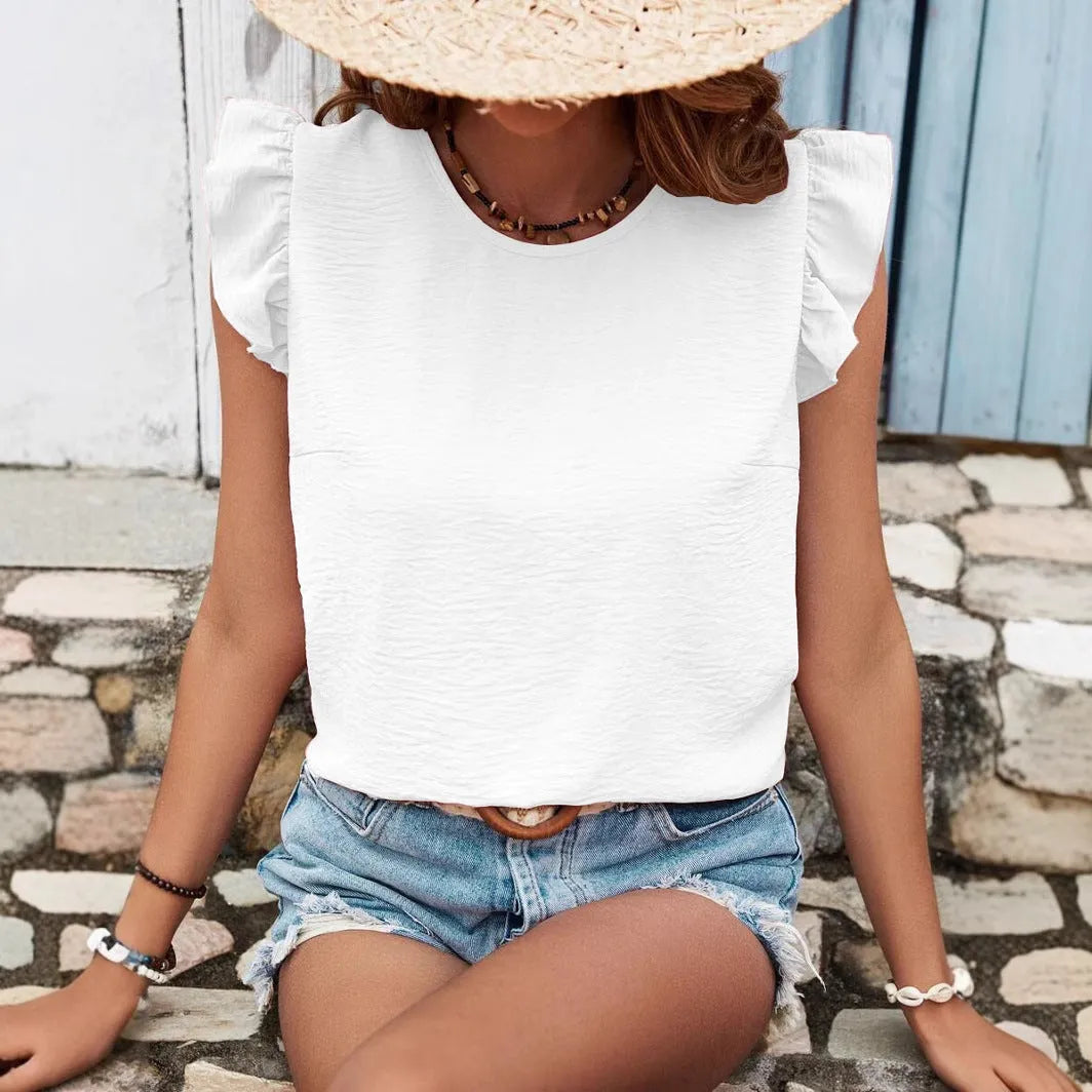 Women's solid colour round neck pullover blouse with ruffled sleeves in apricot colour, loose fit style