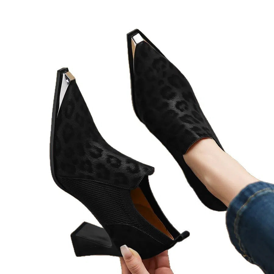 British leopard print metal head women's chunky heel high heels in black with pointed toe and waterproof platform