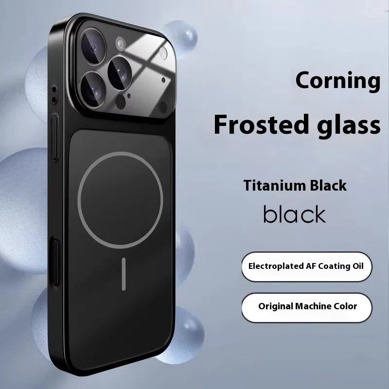 Frosted tempered glass magnetic phone case for iPhone, shown in titanium grey colour.