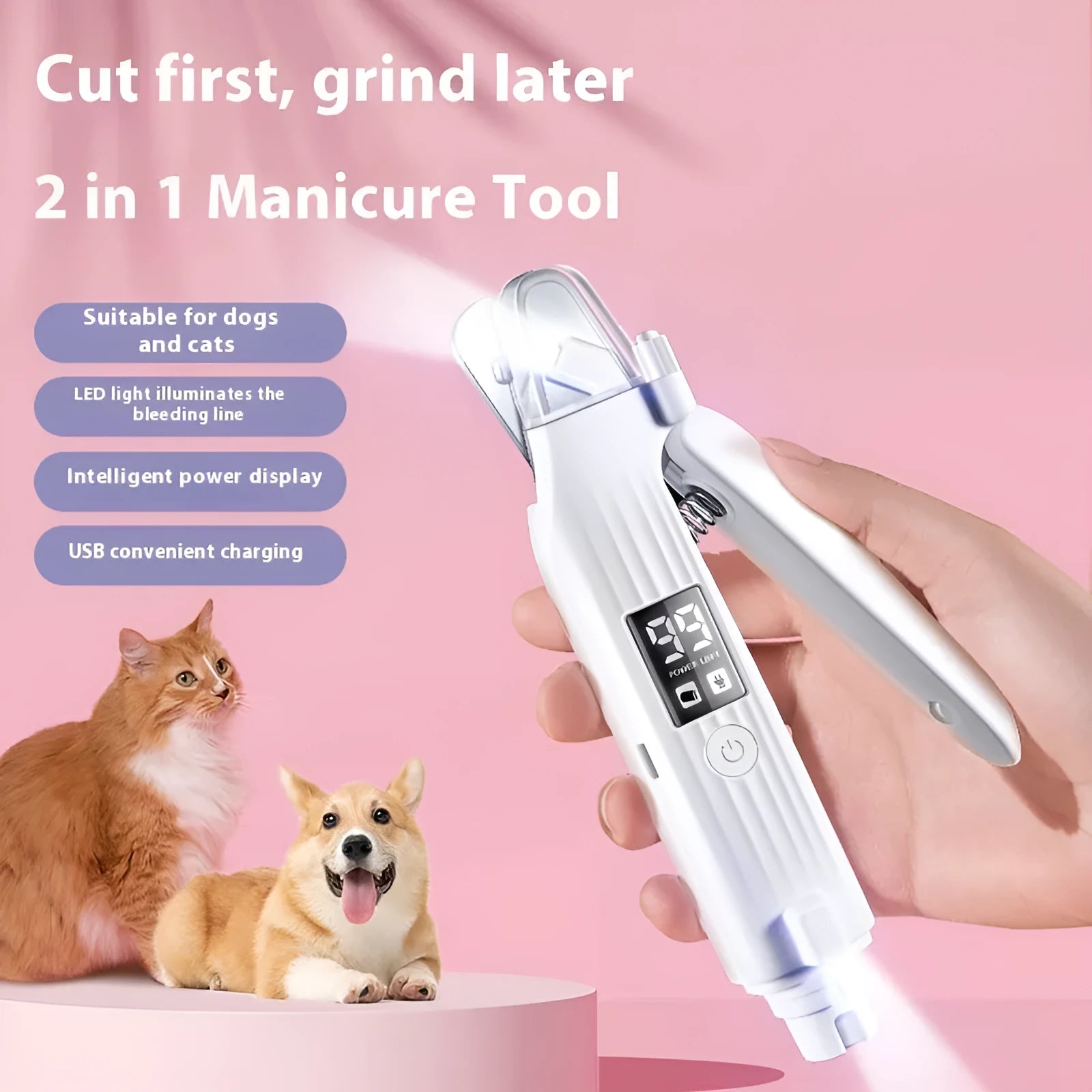 White dog nail clippers with stainless steel blades and safety guard on ergonomic ABS handle.