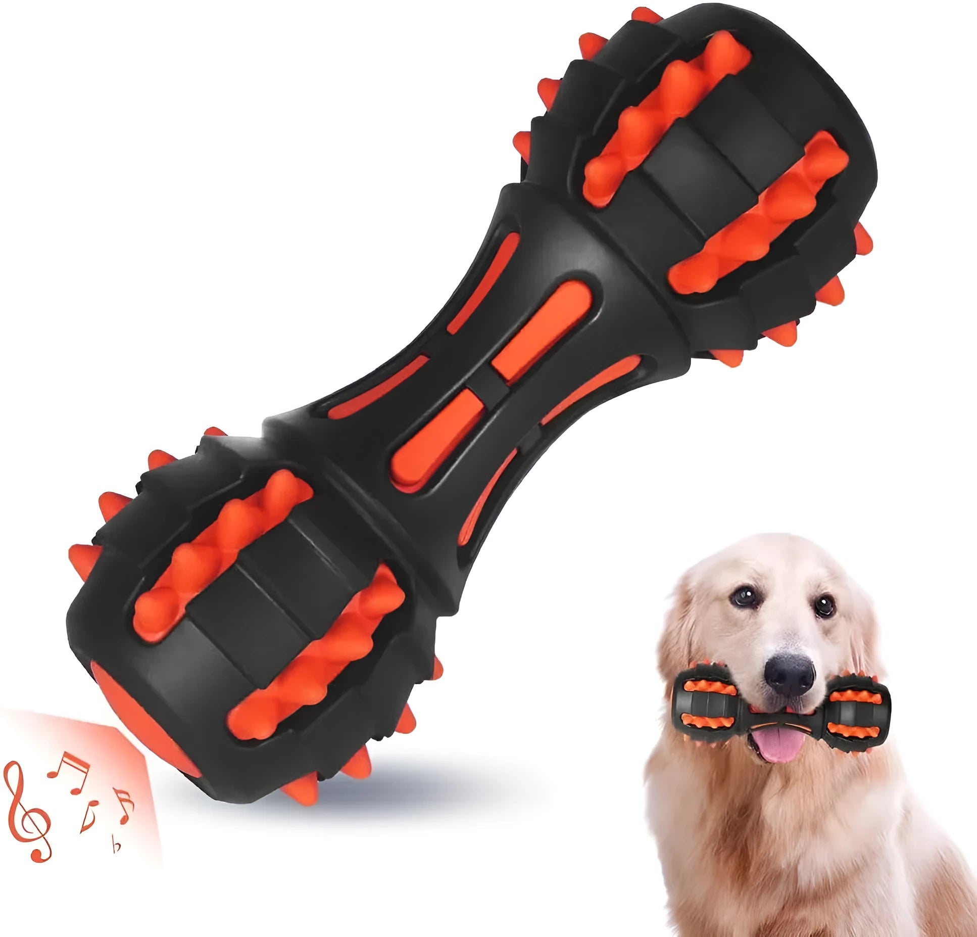 Red dumbbell-shaped durable rubber dog toy for aggressive chewers with a squeaker inside.