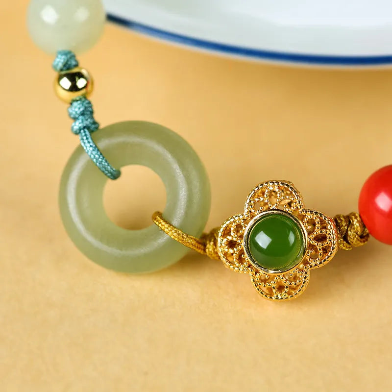 Hetian gray jade safety buckle cinnabar bracelet flower shape 8mm women's retro ethnic style