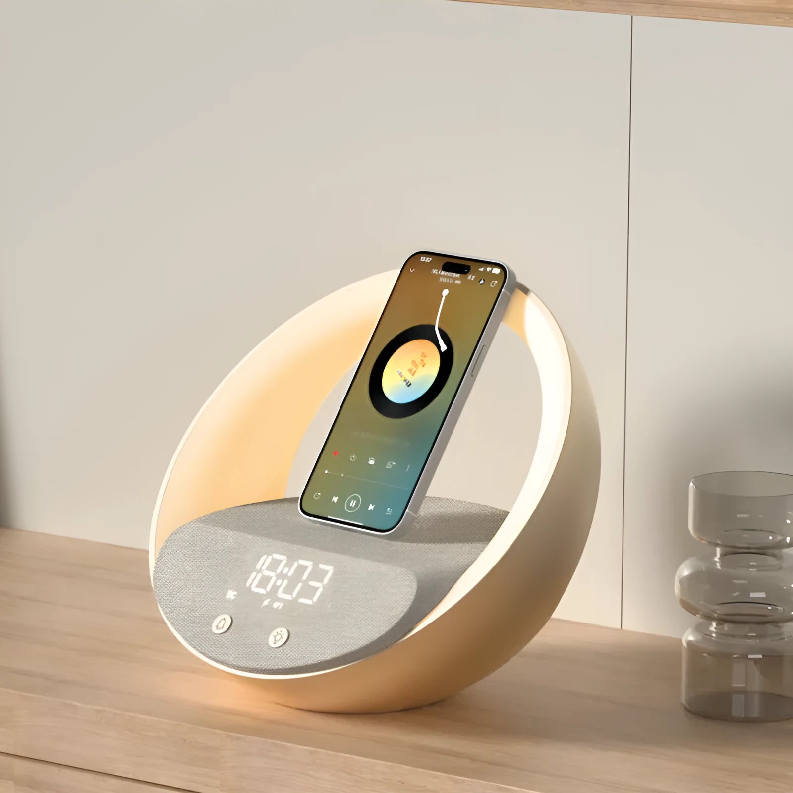 Beige multifunctional Bluetooth speaker with wireless charging surface and ambient LED lighting on bedside table