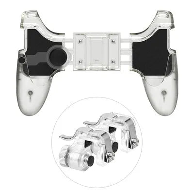 Black wired mobile phone game controller with ergonomic grip and physical action buttons plugged into a smartphone.