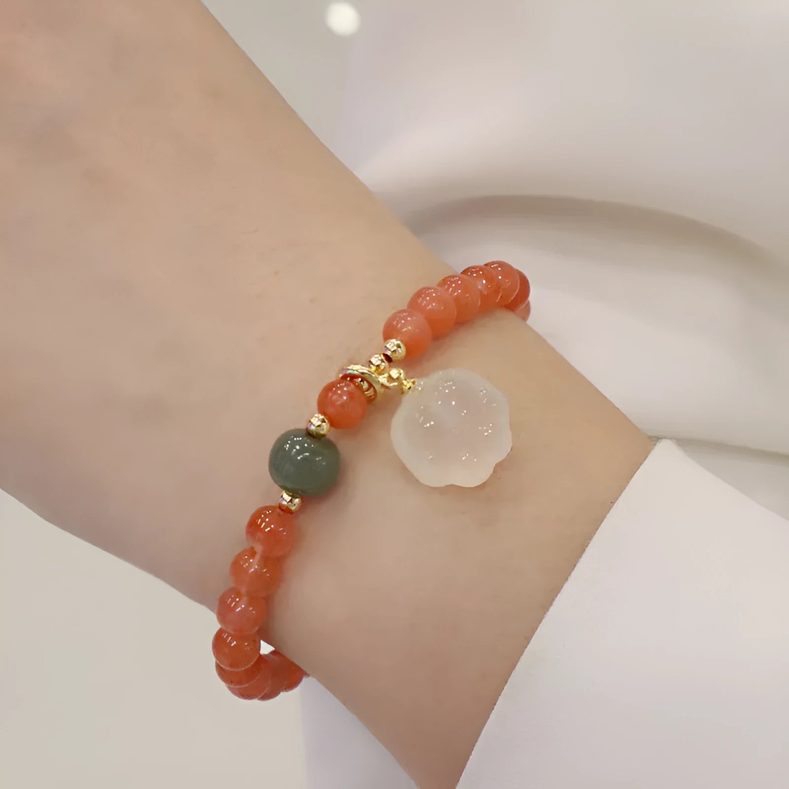 Natural red agate bracelet with cat paw design and gem inlay, 6mm women's zodiac style jewellery