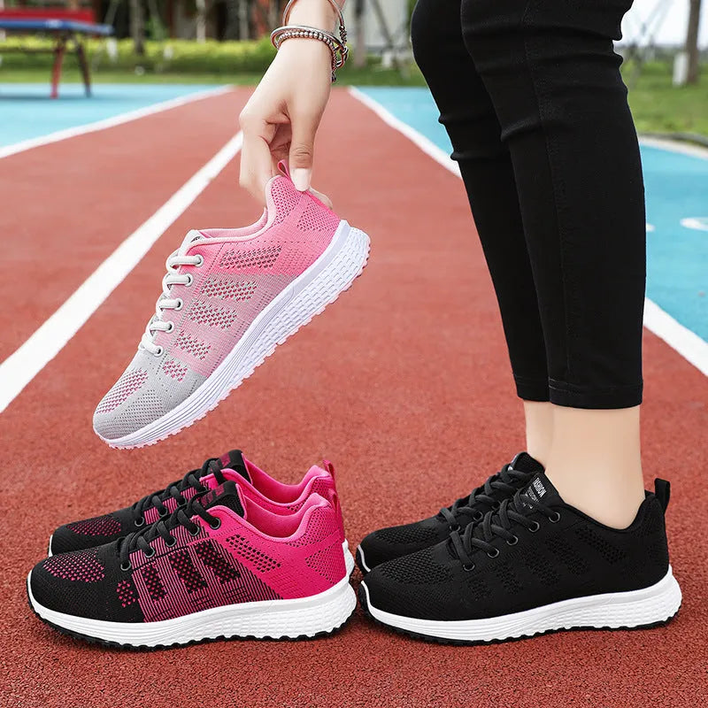 Women's running shoes with Flyknit upper and soft sole in black, rose red or grey pink colours