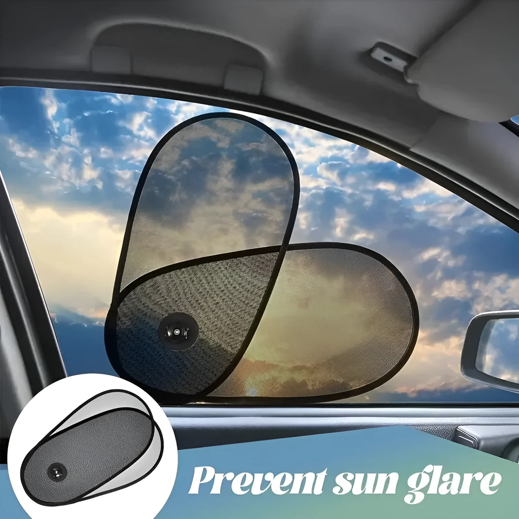 Black stretchy car side window sunshade with suction cups fitted on a car window