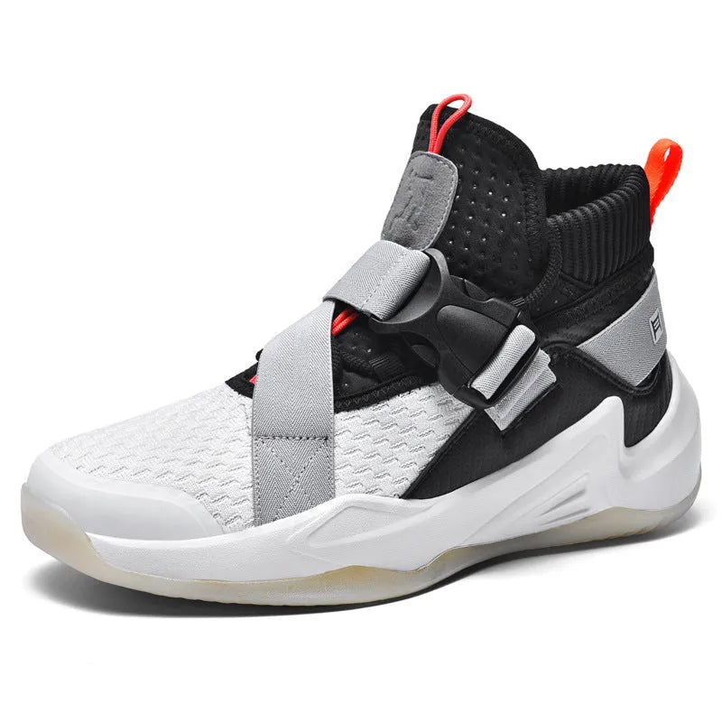 Men's mesh breathable shock-absorbing lightweight soft-soled sports casual shoes in black and white, side view, round toe and thick sole
