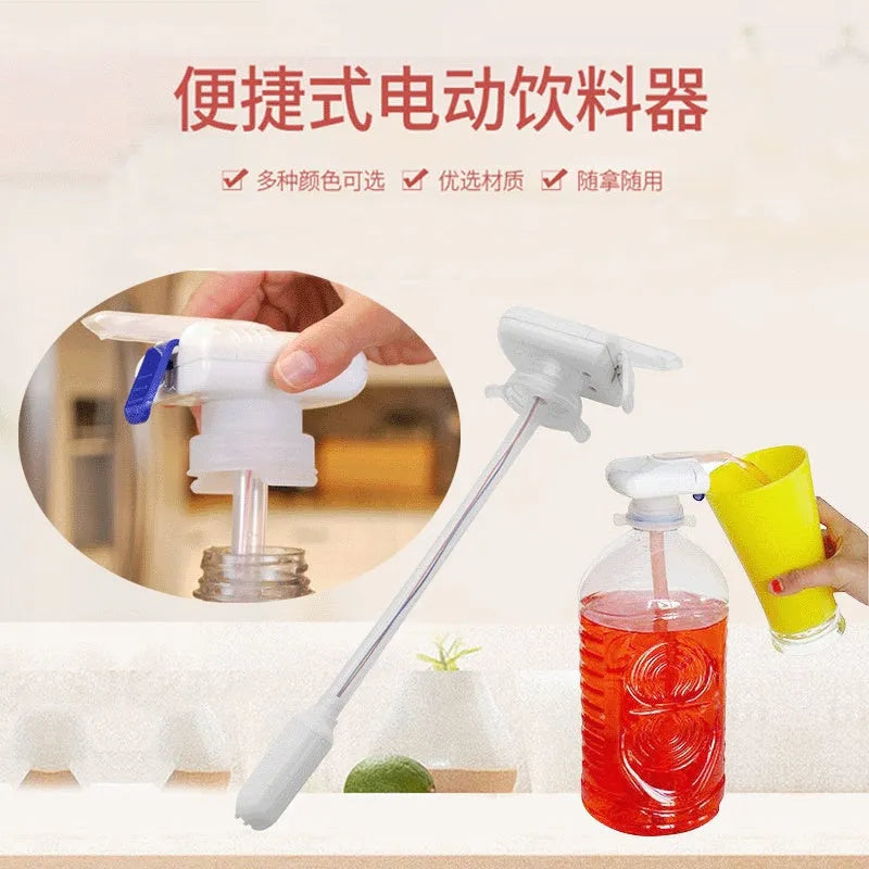 Electric beverage pump with blue press handle and a long white straw next to its colour box packaging.