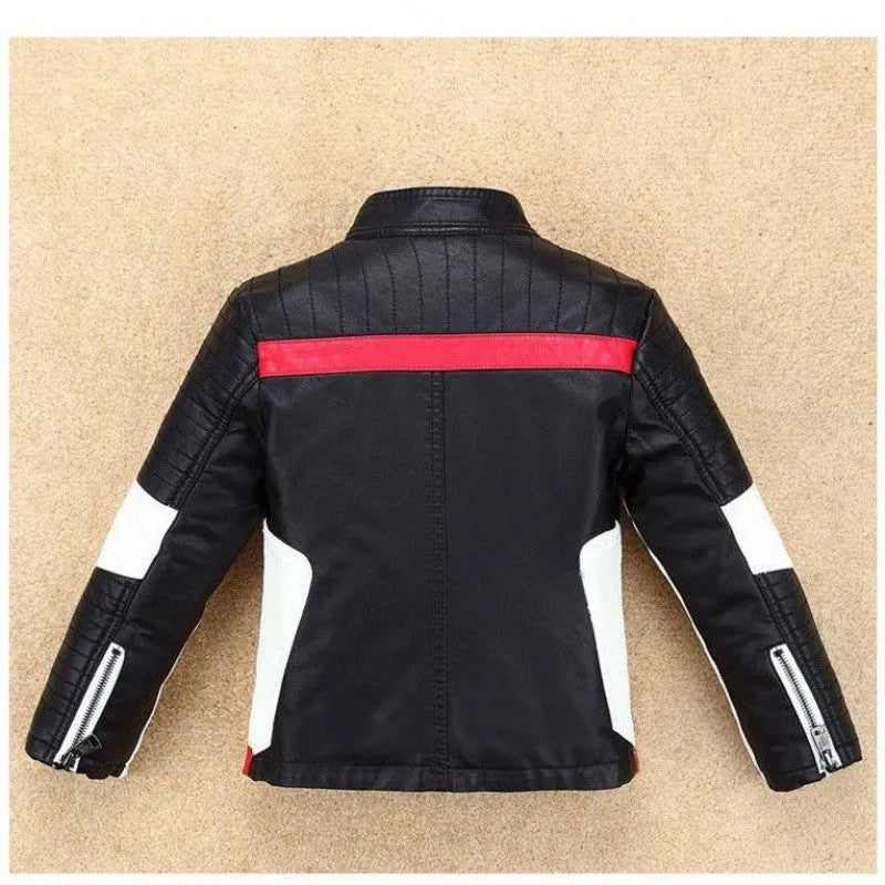 Boys thickened leather jacket in Korean style with stand collar, available in black, red, and white, for older children.