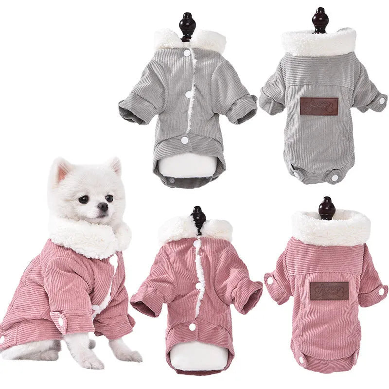 Grey lambswool dog vest with fleece lining, shown on a small dog.