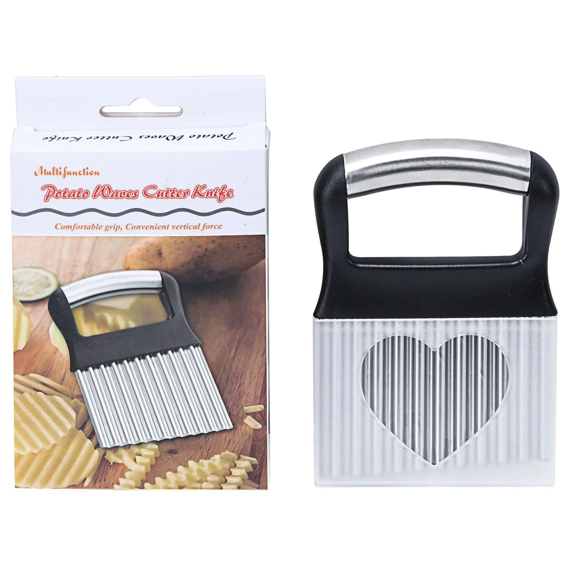 Stainless steel potato wave knife with a 14cm wavy blade on a kitchen worktop