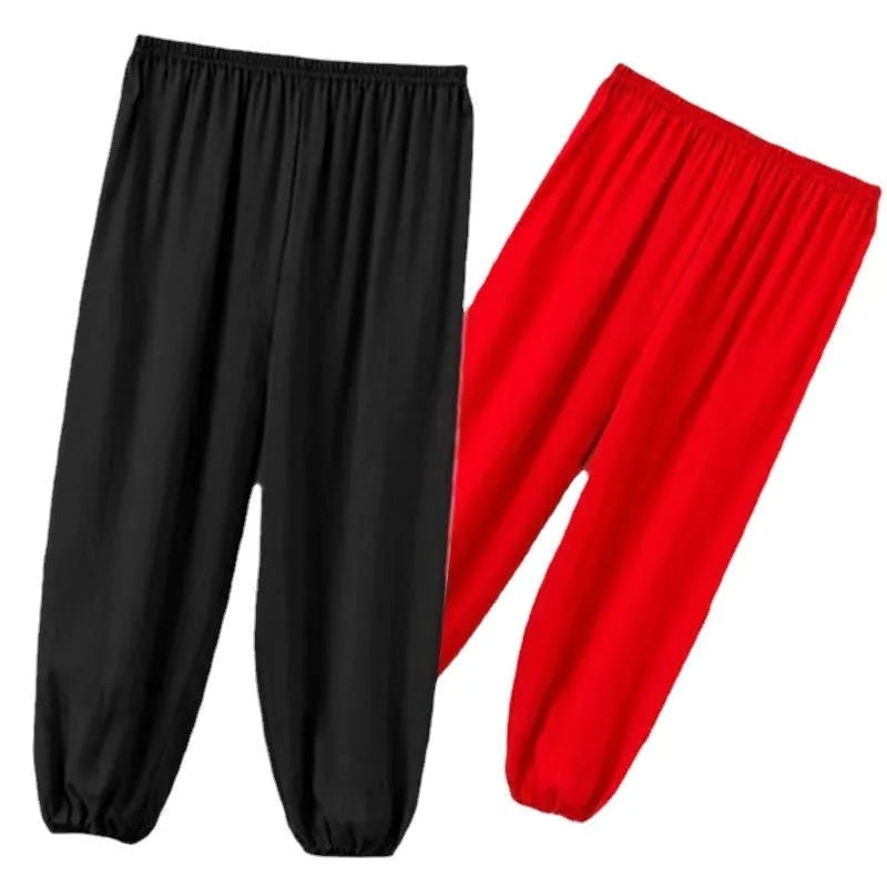 Children's black high elasticity Sanda practice pants for martial arts.