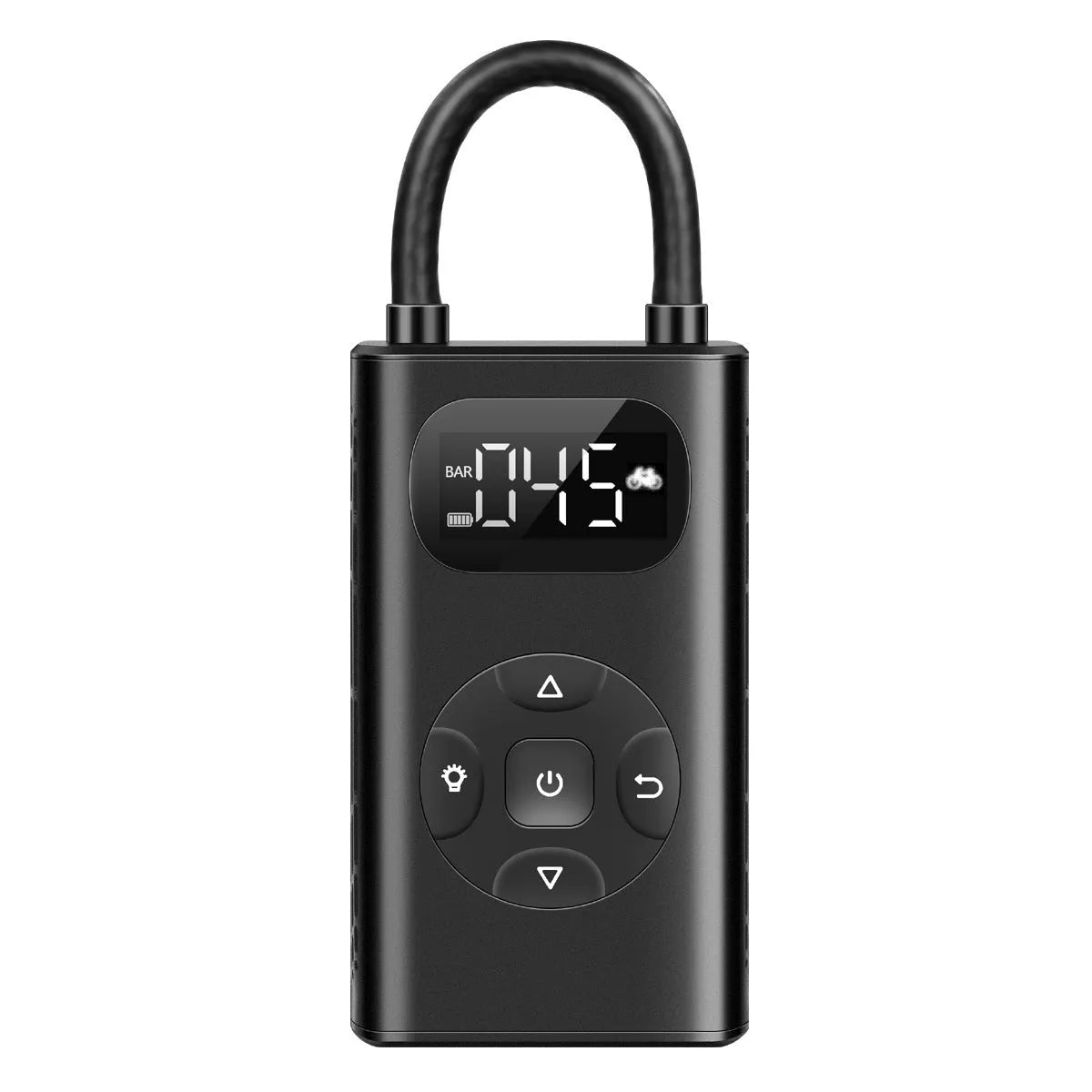 Black portable power bank tyre inflator with USB cable on a flat surface.