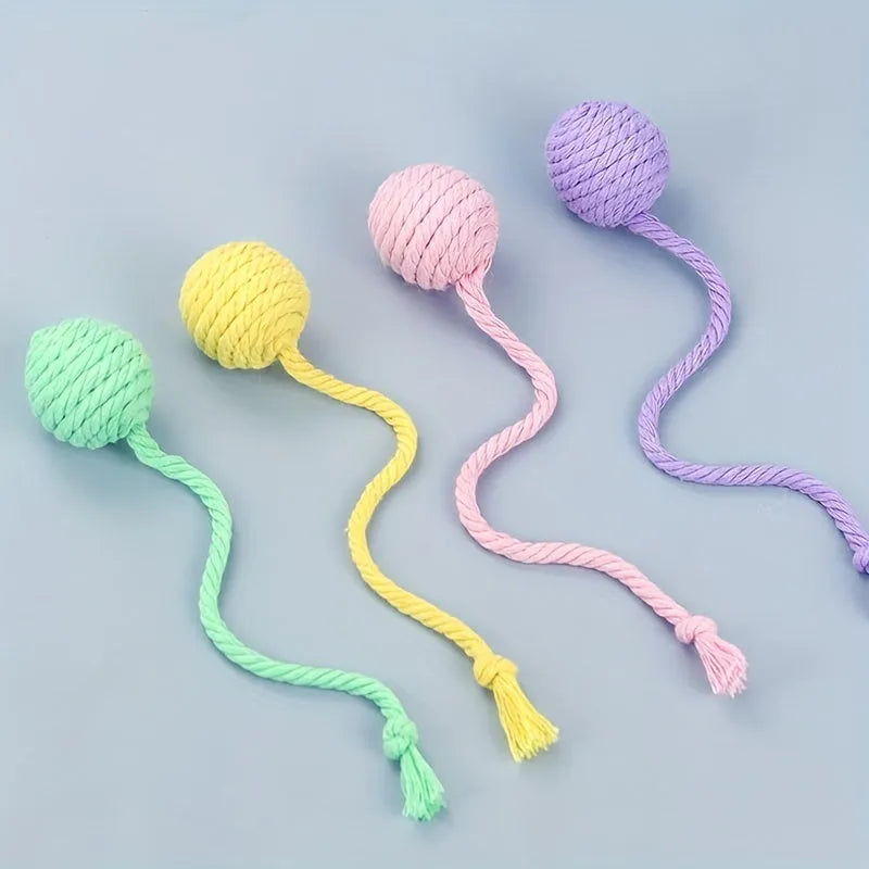 Colourful cat toy ball with rope attachment and built-in bell for interactive pet play