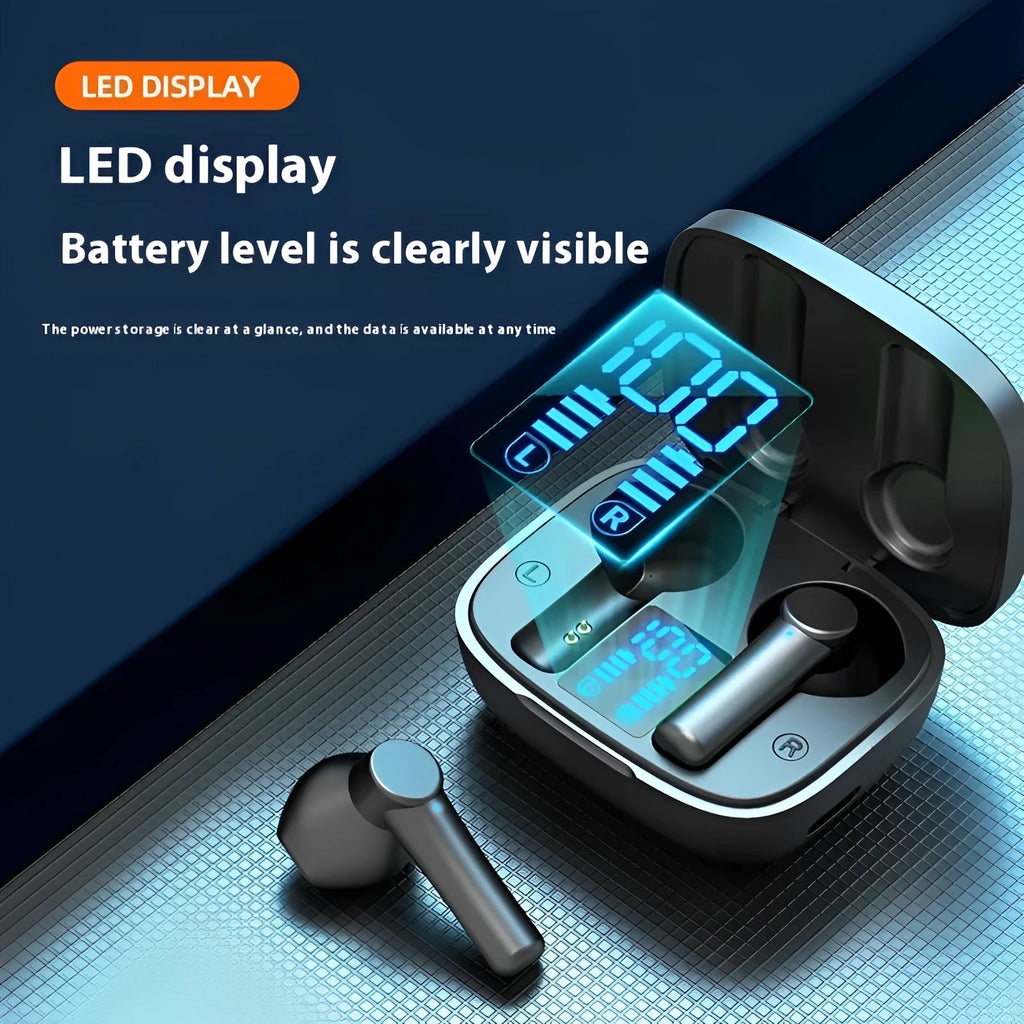 Wireless Bluetooth in-ear headphones with LED display, 13mm copper ring speaker, charging case, in black, white, and pink