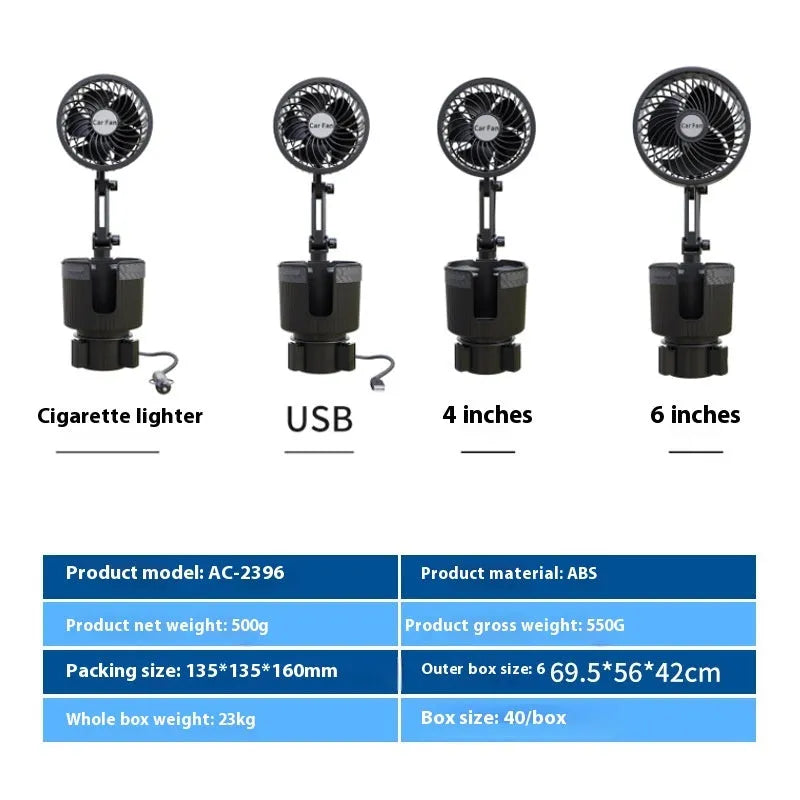 A car cup holder fan with black ABS plastic housing inserted into a vehicle's centre console.