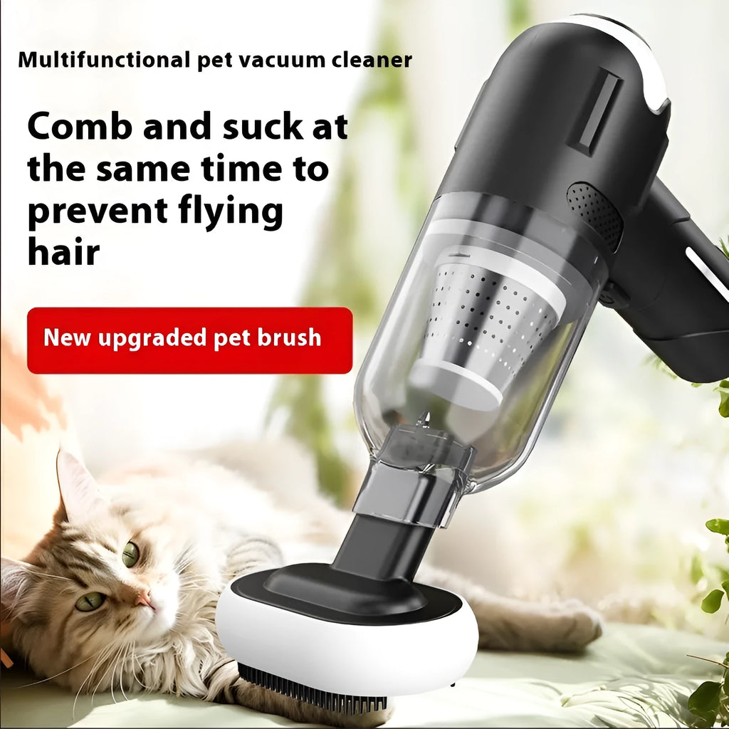 Handheld cordless pet hair vacuum cleaner with floor brush and other attachments on a white background.
