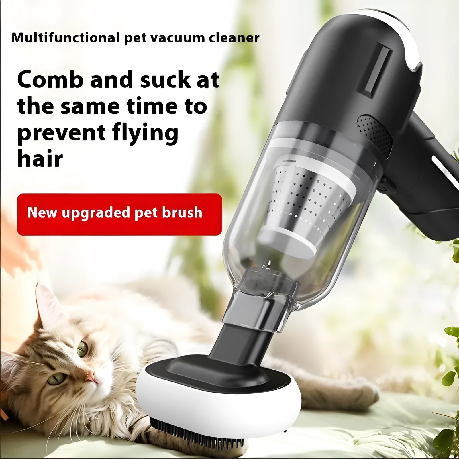 Handheld cordless pet hair vacuum cleaner with floor brush and other attachments on a white background.