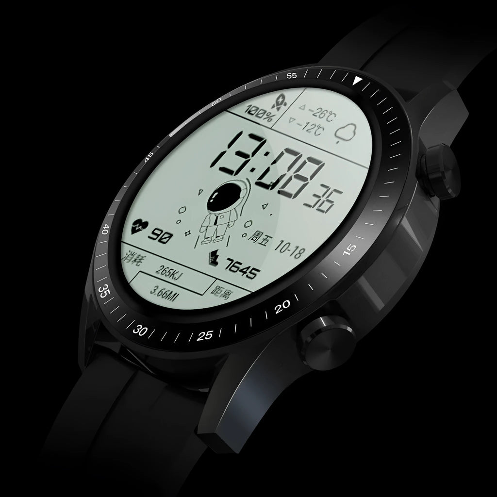 Round smartwatch with Bluetooth calling on wrist, showing dark colour option with fitness tracking display