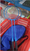 Blue and red split badminton rackets separated and connected, showing alloy frame and full set of two.