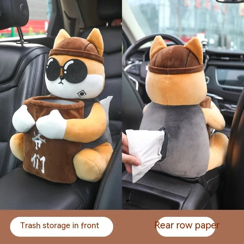 Plush car tissue box hanging from armrest showing 27x33cm dimensions and novelty dog design