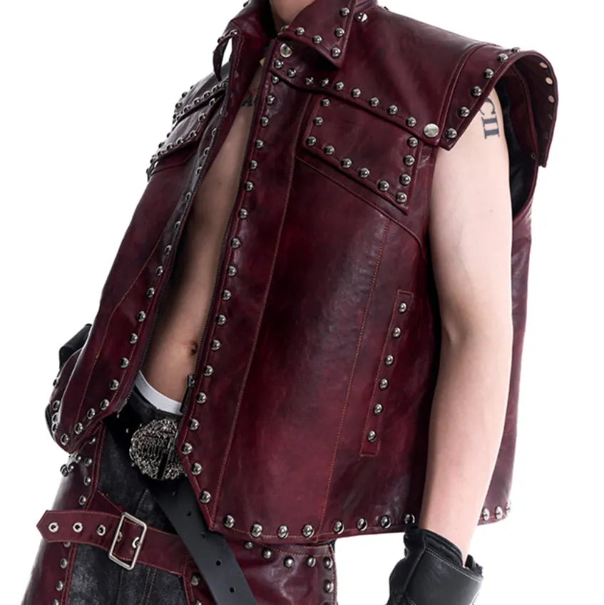 Heavy industry rivets leather vest coat with lapel collar and matching red pants set