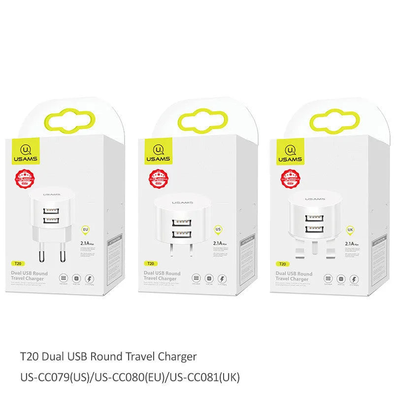 White portable universal dual USB phone charger with UK, EU, and US plugs