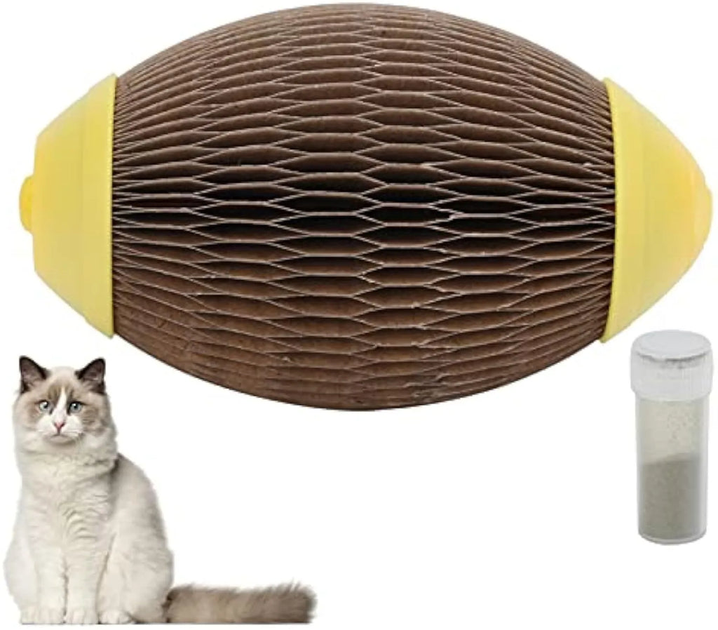 Elliptical catnip scratch football toy made from recycled corrugated paper