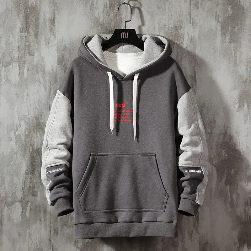 Men's Korean style fleece pullover hoodie in black with a hood and long sleeves