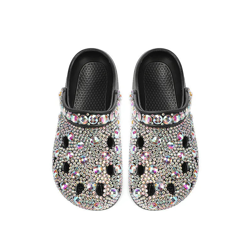 Black platform rhinestone hole shoes for women with EVA upper and injection-moulded sole, sizes 36-48
