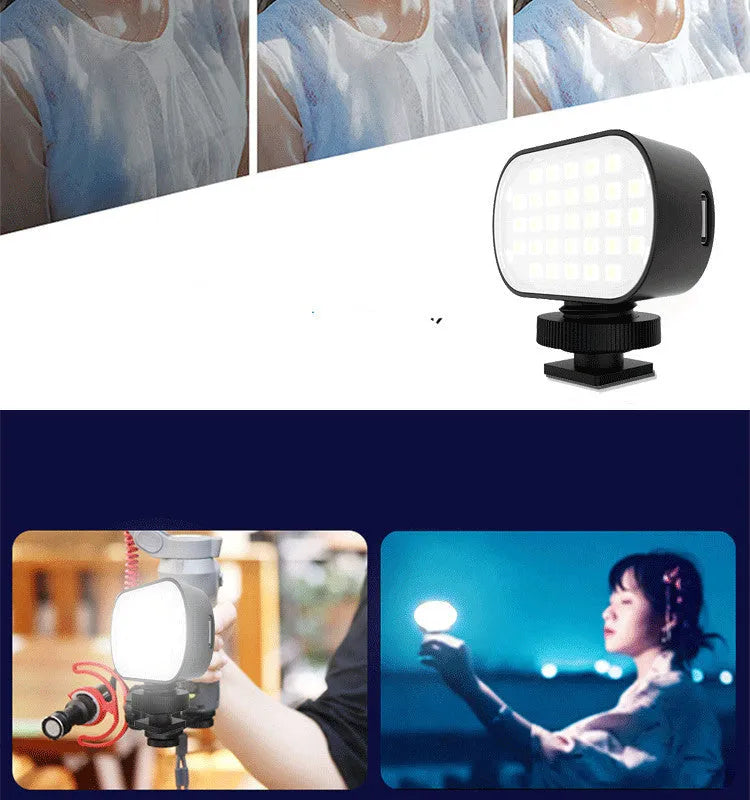 Black ST-30 mobile phone fill light with digital display, cold shoe mount, and included silicone diffuser.