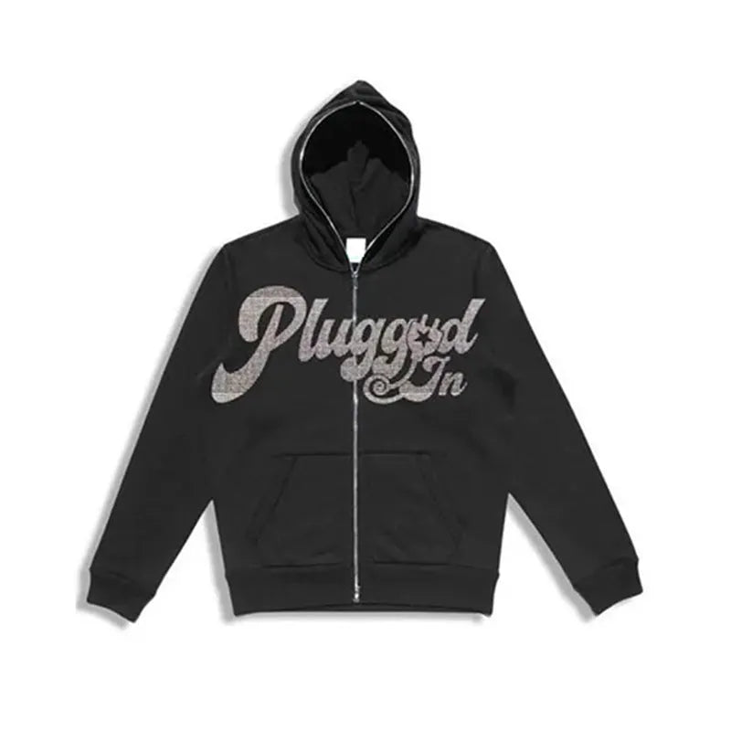 Men's black loose fit hoodie cardigan with letter print and rhinestone detail, zip-up polyester sweater