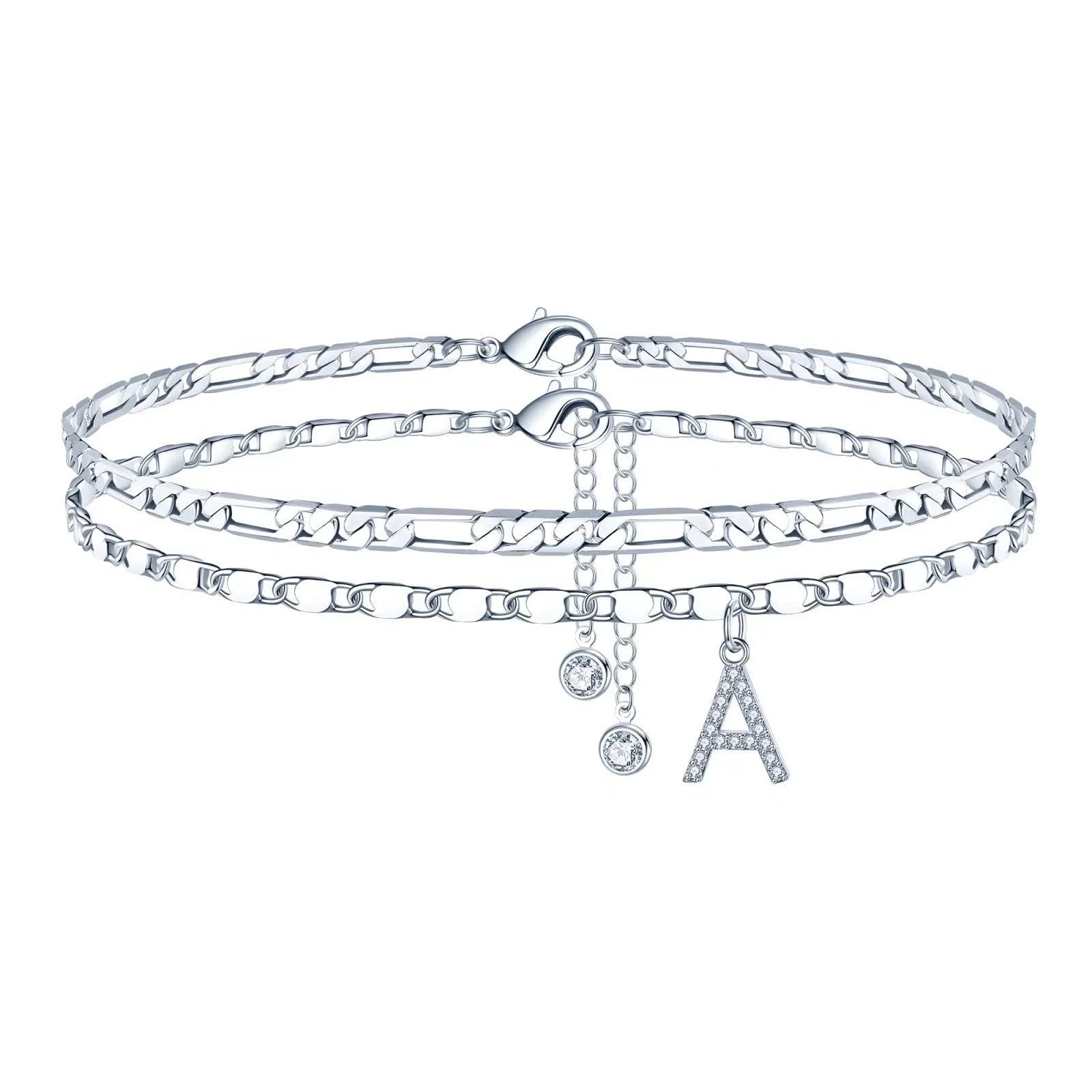 Silver colour copper anklet with double-circle design and text bead elements on ankle
