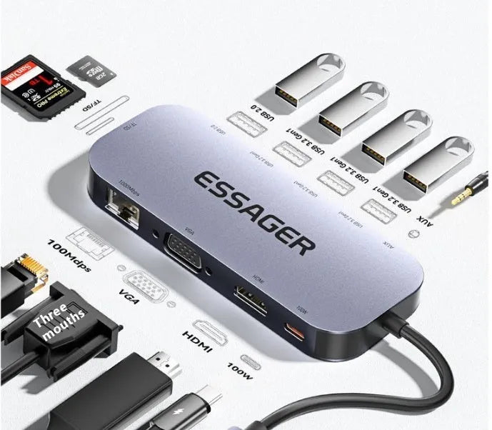 11-in-1 USB-C expansion hub with multiple ports and a 20cm attached cable.