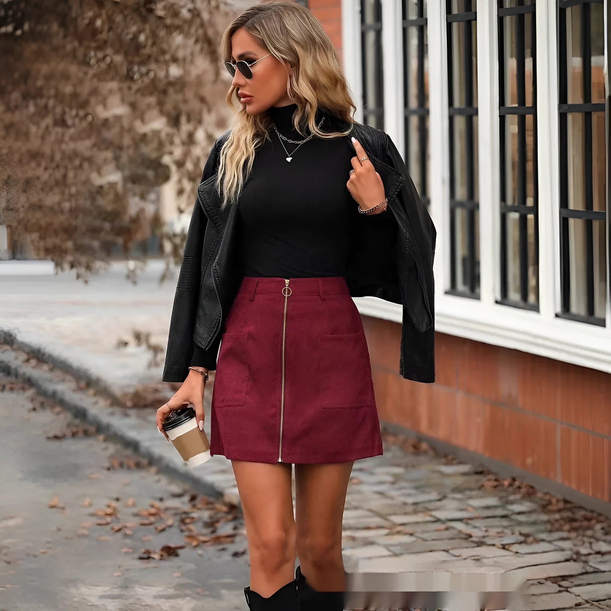 Women's high waist short skirt with zipper closure in black, camel, brick red, or dark green.