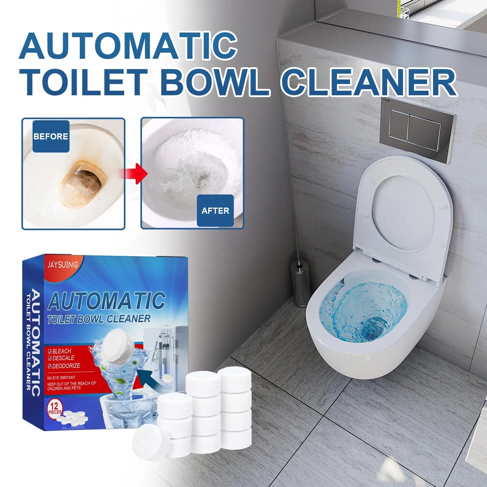Pack of 12 toilet cleaning effervescent tablets with product size 1.6cm each in 10cm packaging